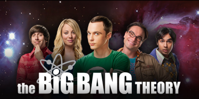 On space background, referencing the Big Bang, there are 5 people standing and smiling. 2nd person from the left is Penny, and she is the only woman; rest are men. There is a large title on the middle.